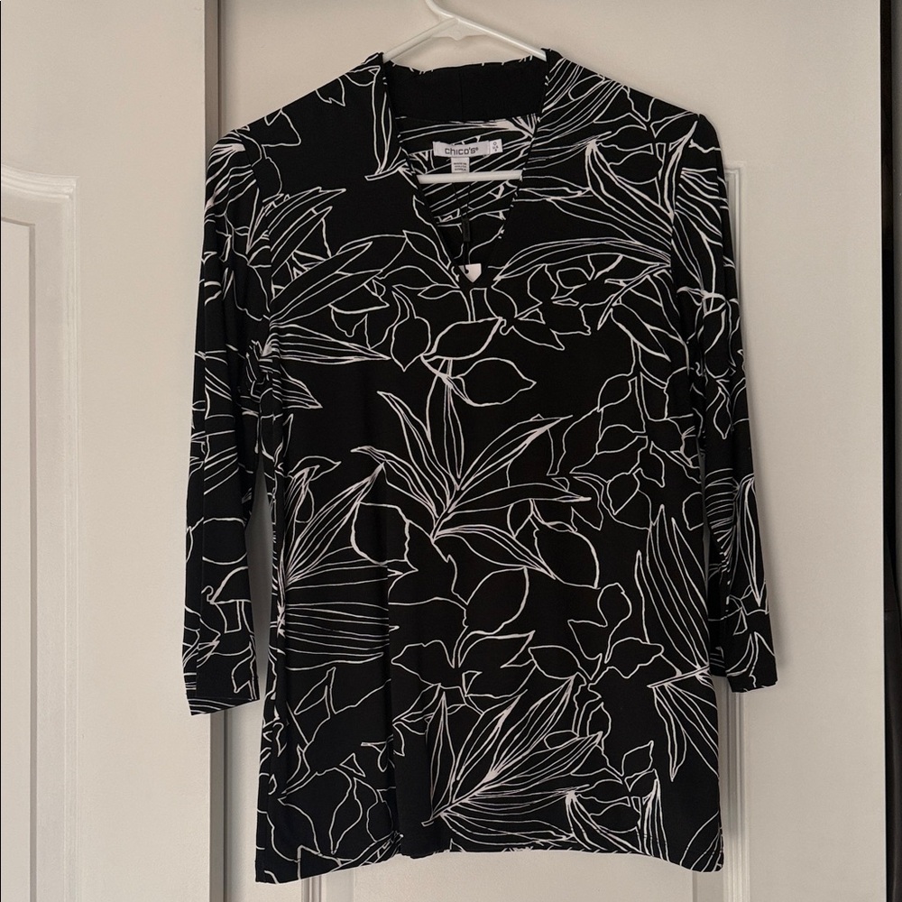 Chico's Black and White Leaf Print Blouse
